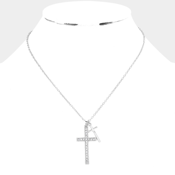 Silver Rhinestone Double Cross Pendant Necklace Chain Accessory - Picture 2 of 2
